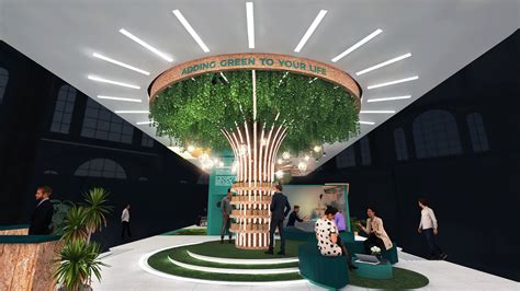 Biophilic sustainable exhibition stand with preserved reindeer moss wall and untreated oak timber slats at ADNEC