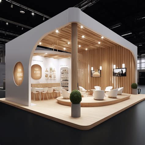Japandi minimalist exhibition booth with fluted timber slats, micro-cement archways, and warm cove lighting in Dubai